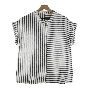 Etcetera Shirt Women 10 White Gray Stripe Linen Cap Sleeve Button Front